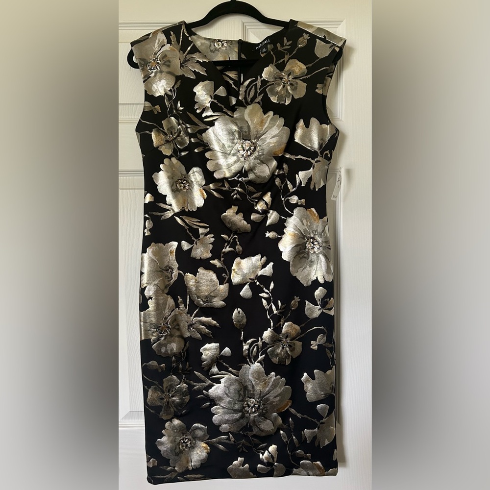 Roz & Ali sleeveless black dress with silver and gold flowers